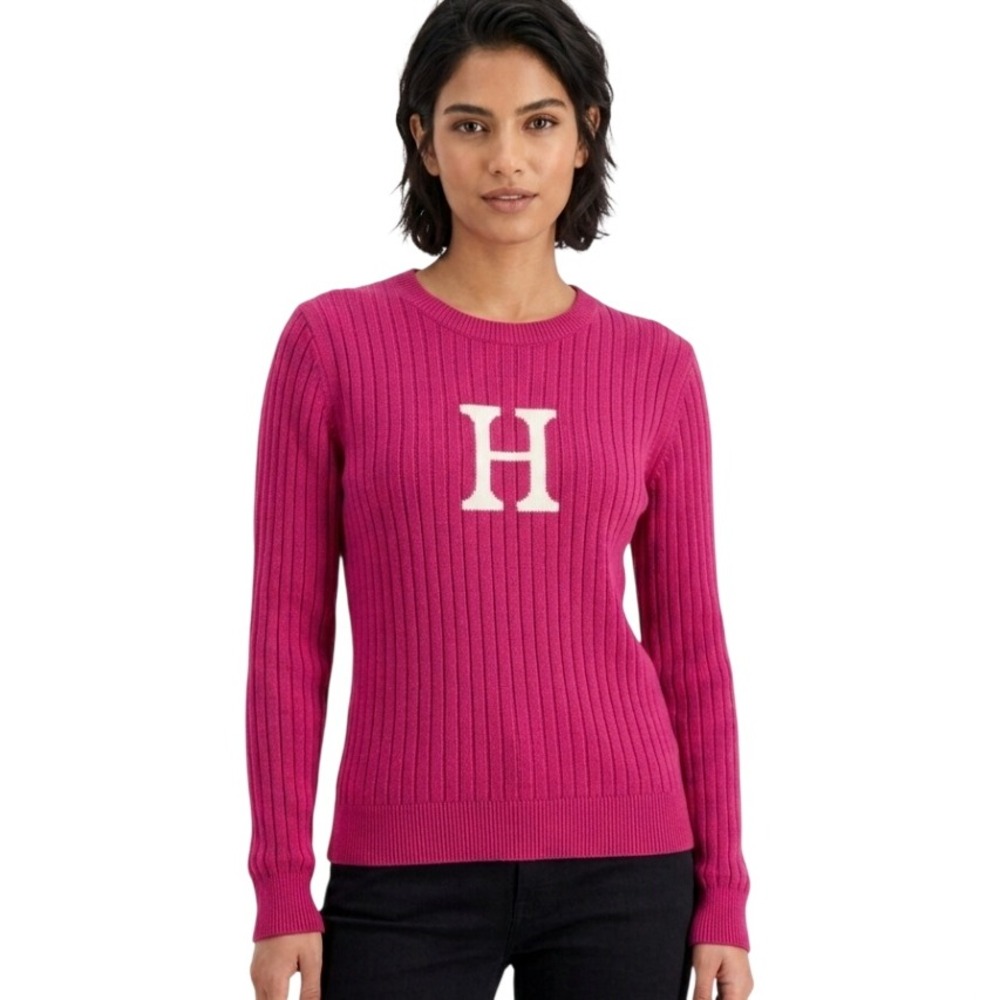 Tommy Hilfiger Sweater‎ Womens Large Pink Varsity H Logo Ribbed Cotton Preppy L